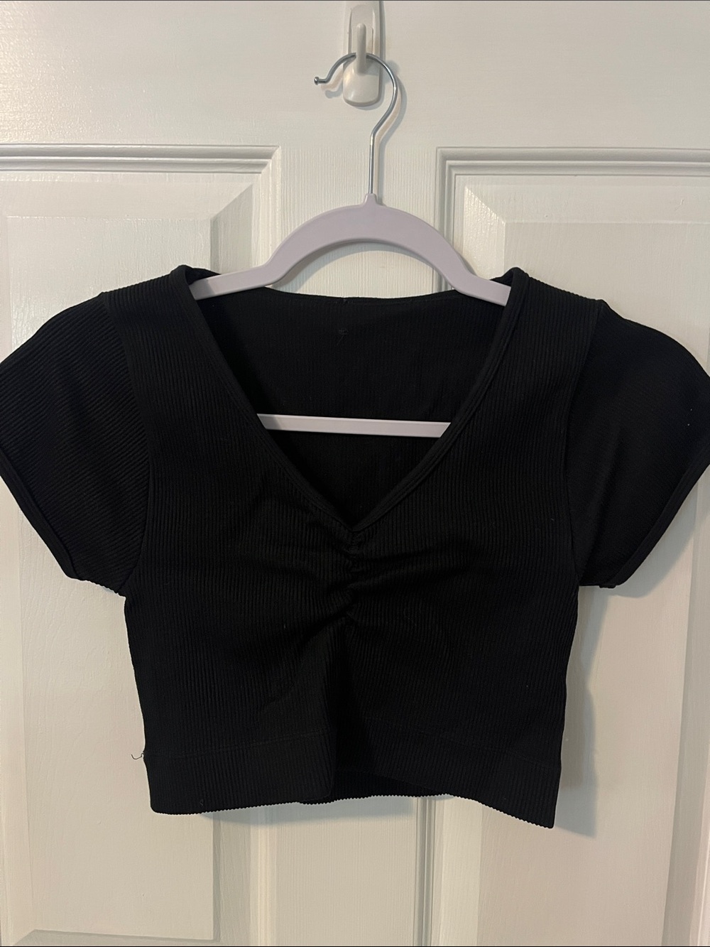 Black V-Neck Ruched Front Crop Top - Women